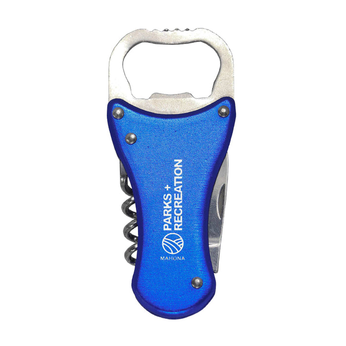 Multi-Tool Bottle Opener - A drink bottle opener in blue with a corkscrew and a silver bottle opener. Features a logo on one side.
