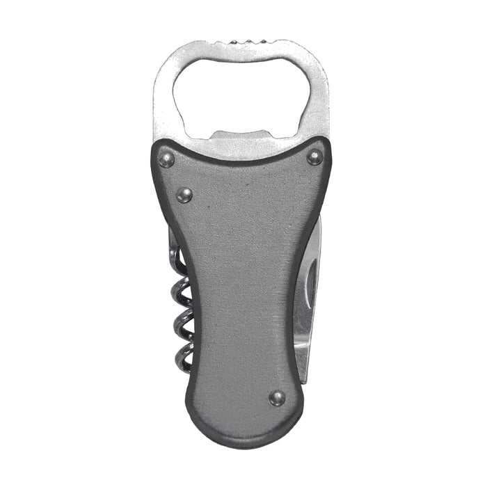 Multi-Tool Bottle Opener - A drink bottle opener in silver and black. It features a corkscrew and has a logo on the handle.