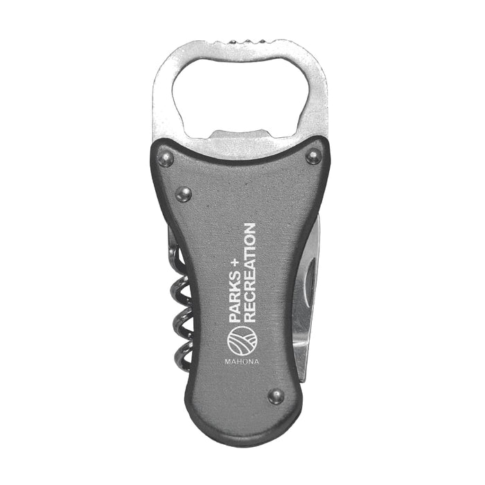 Multi-Tool Bottle Opener - A drink bottle opener in grey featuring a metallic bottle opener, corkscrew, and knife blade, with a logo.