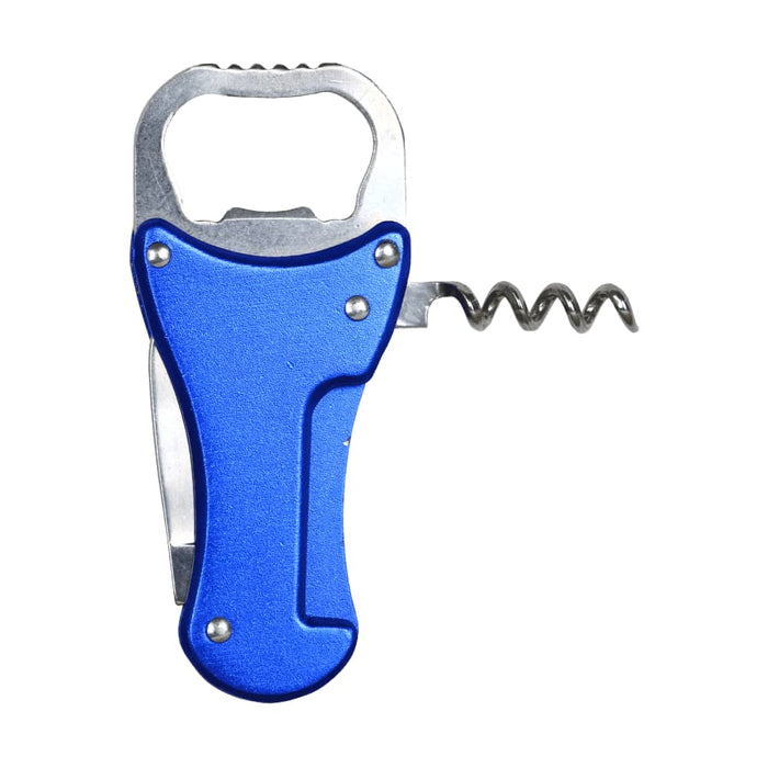 Multi-Tool Bottle Opener - A drink bottle opener in blue, featuring a metal bottle opener and a corkscrew. It includes a branding logo.
