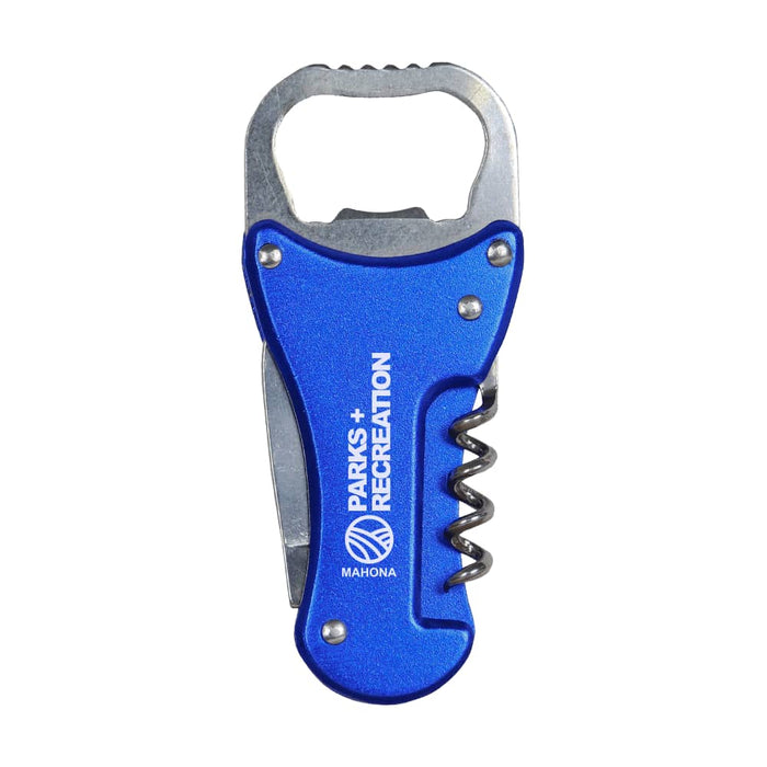 Multi-Tool Bottle Opener - A drink bottle multi-tool opener in blue, featuring a bottle opener, corkscrew, and knife. Includes a logo.
