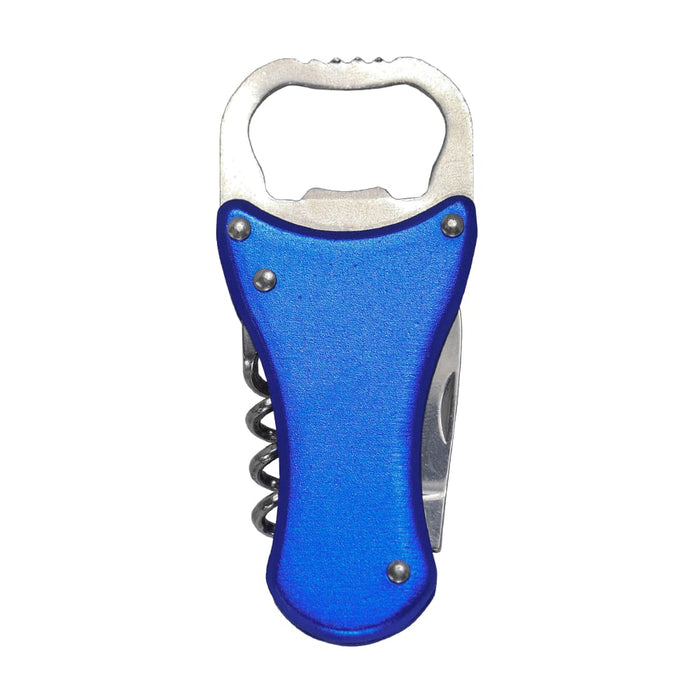 Multi-Tool Bottle Opener - A drink bottle opener multi-tool with a blue plastic handle, metal bottle opener, and corkscrew feature.
