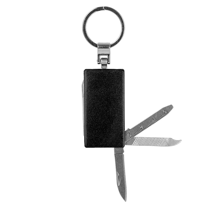 Multi-Tool Keyring - A black multi-tool keyring featuring two metal blades and a keyring attachment.