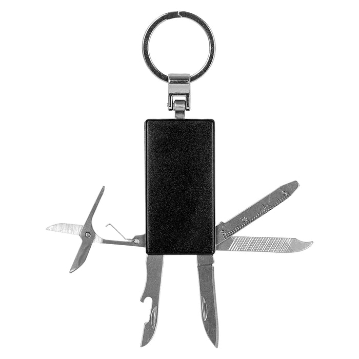 Multi-Tool Keyring - A black multi-tool keyring with various metal tools extending from a rectangular body, featuring a metal keyring.