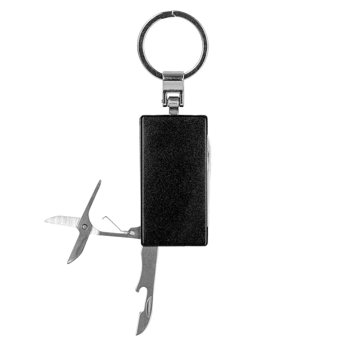 Multi-Tool Keyring - A black multi-tool keyring featuring scissors and other tools, attached to a metal ring.