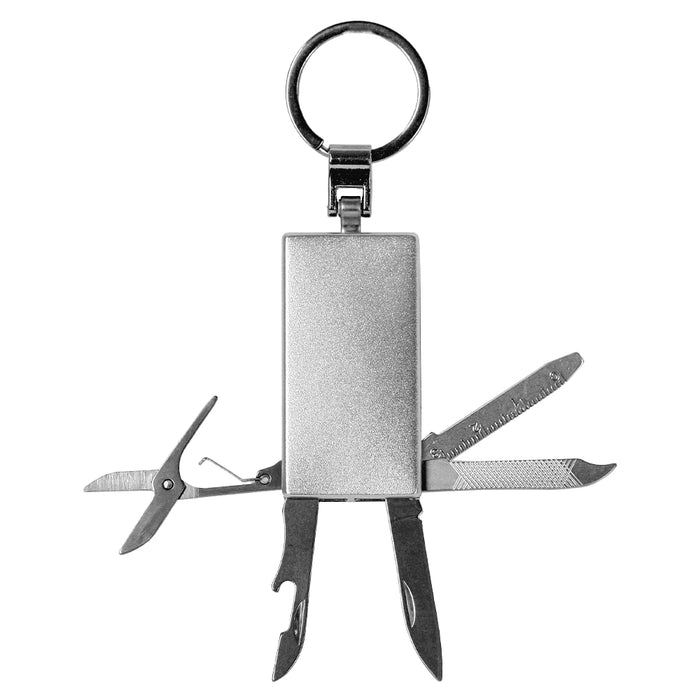 Multi-Tool Keyring - A silver multi-tool keyring featuring various tools, including scissors, a knife, and a bottle opener.