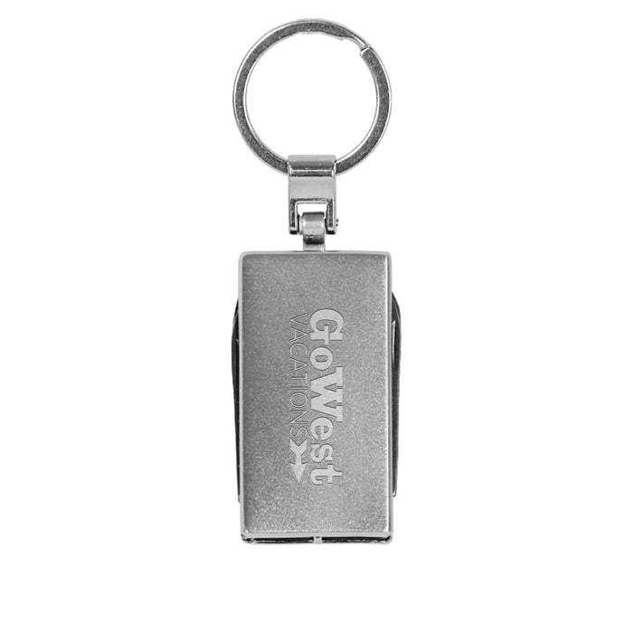 Multi-Tool Keyring - A silver multi-tool keyring with a keychain attachment and a logo on one side.