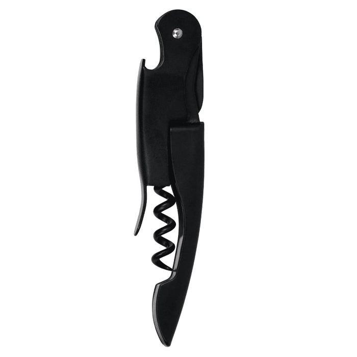 Premium Wine Waiters Knife - A black wine waiters knife featuring a corkscrew and a lever for removing bottle corks. It has a simple design and logo.