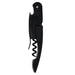 Premium Wine Waiters Knife - A black wine waiters knife featuring a corkscrew and a lever for removing bottle corks. It has a simple design and logo.