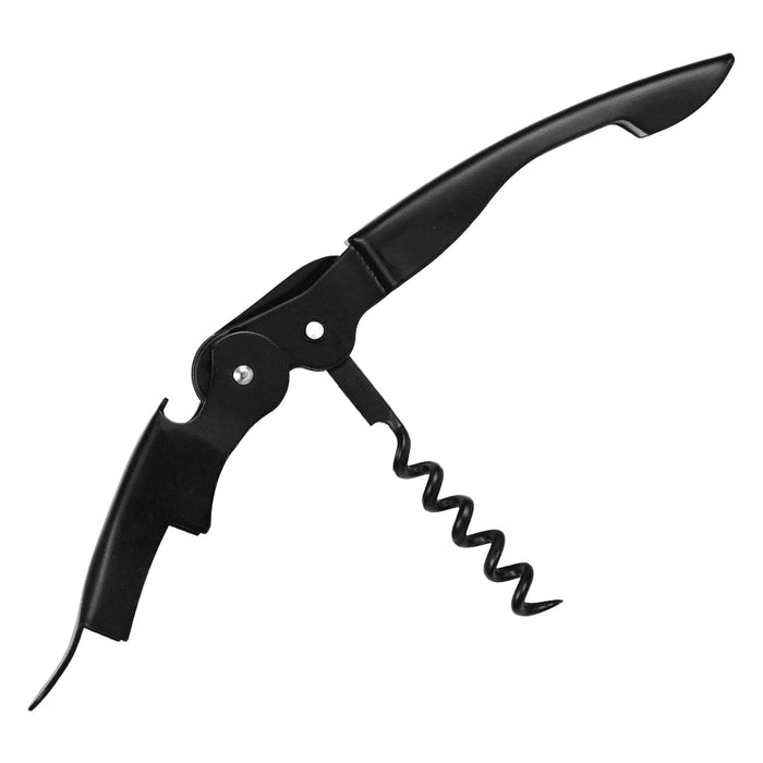 Premium Wine Waiters Knife - A black wine waiters knife with a corkscrew, lever, and knife blade. Features a simple design and a logo.
