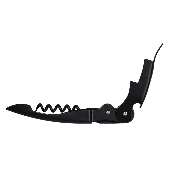 Premium Wine Waiters Knife - A premium wine waiters knife in black, featuring a corkscrew and a foil cutter. It has a sleek design and a logo.