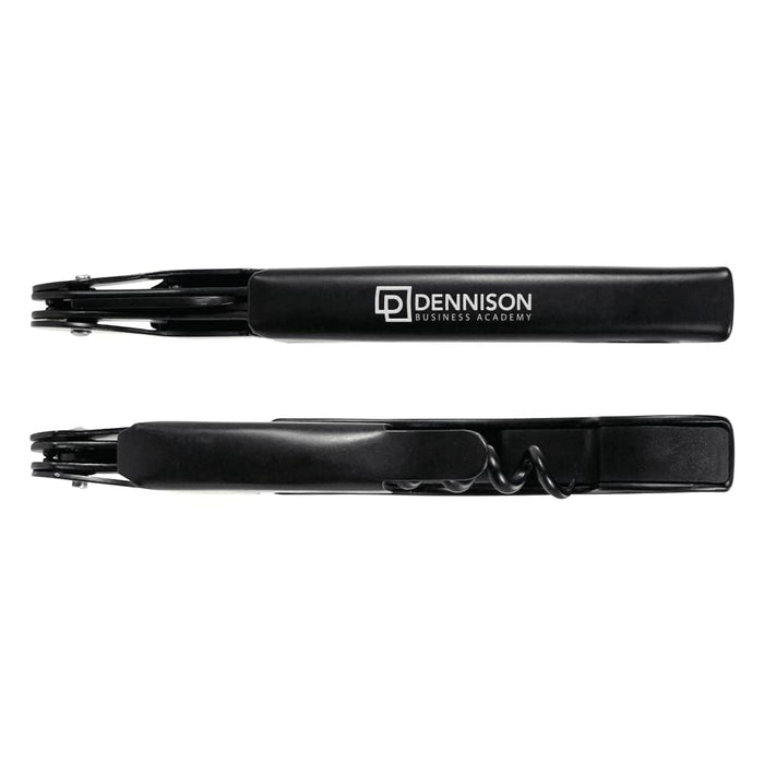 Premium Wine Waiters Knife - A black wine waiter's knife featuring a corkscrew and a logo. It has a sleek design suitable for elegant settings.