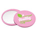 Glider slider makeup mirror - A pink circular makeup mirror with a reflective surface and a logo featuring green design elements.