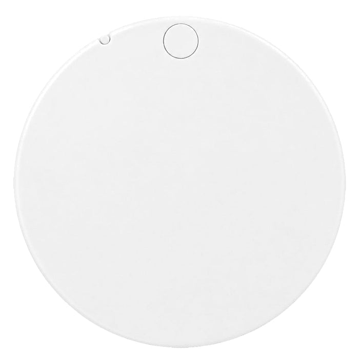 Glider slider makeup mirror - A round white makeup mirror with a small button on one side, featuring a simple and sleek design.
