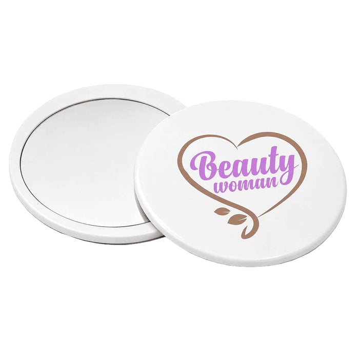 Glider slider makeup mirror - A round white makeup mirror with a printed design featuring the words "Beauty woman" in purple.