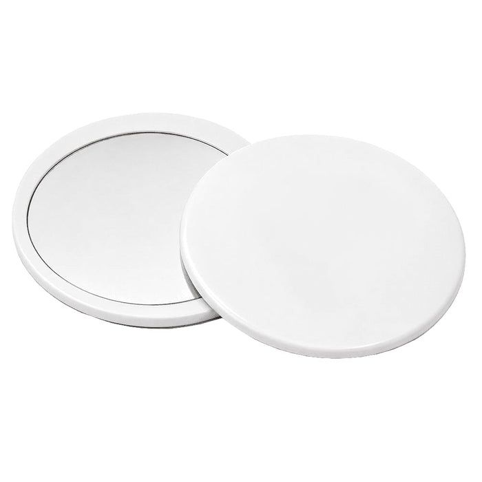 Glider slider makeup mirror - A round white makeup mirror with a sleek design, featuring a reflective surface and a smooth backing.