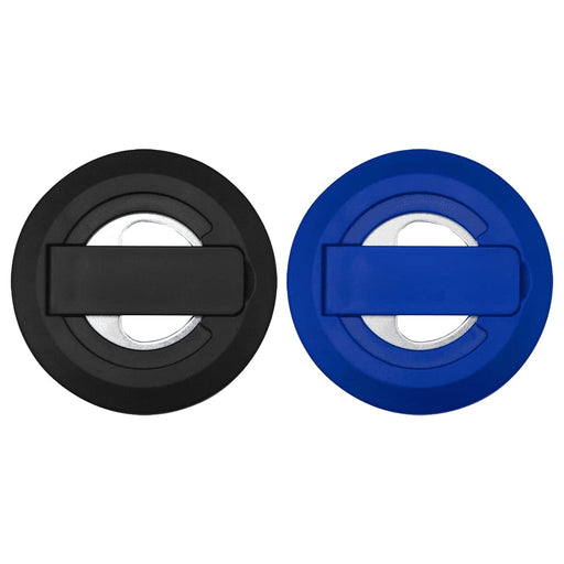 Ain Recycled Plastic Magnetic Phone Stand with Bottle Opener - A black and blue recycled plastic magnetic phone stand featuring a built-in bottle opener with a branding logo.