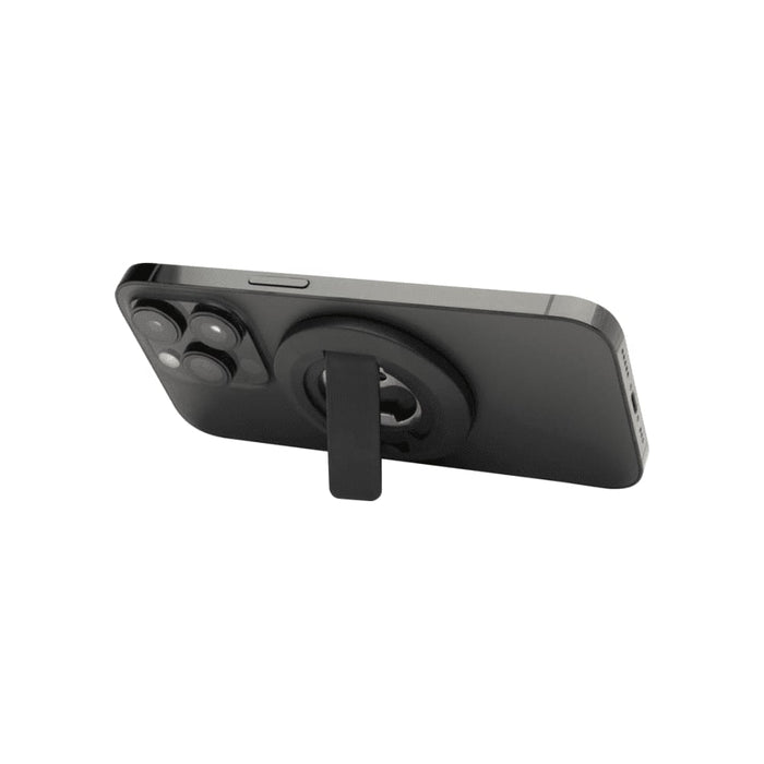 Ain Recycled Plastic Magnetic Phone Stand with Bottle Opener - A black magnetic phone stand made from recycled plastic, featuring a bottle opener and a pull-out stand mechanism.