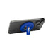 Ain Recycled Plastic Magnetic Phone Stand with Bottle Opener - A blue recycled plastic magnetic phone stand with a bottle opener attached, featuring a logo.