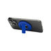 Ain Recycled Plastic Magnetic Phone Stand with Bottle Opener - A blue magnetic phone stand with a bottle opener, attached to the back of a smartphone.