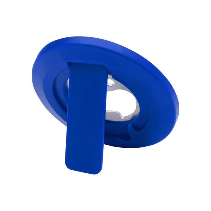 Ain Recycled Plastic Magnetic Phone Stand with Bottle Opener - A blue recycled plastic magnetic phone stand with a bottle opener, featuring a circular design and a built-in stand.