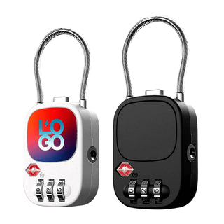 Atlas TSA Lock - A TSA lock with a white and black body, featuring a combination dial and a logo. The lock has a silver shackle.