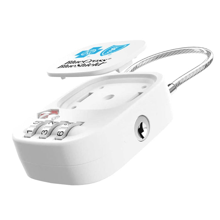 Atlas TSA Lock - A white TSA lock with a cable and a combination keypad, featuring a small logo on the top.