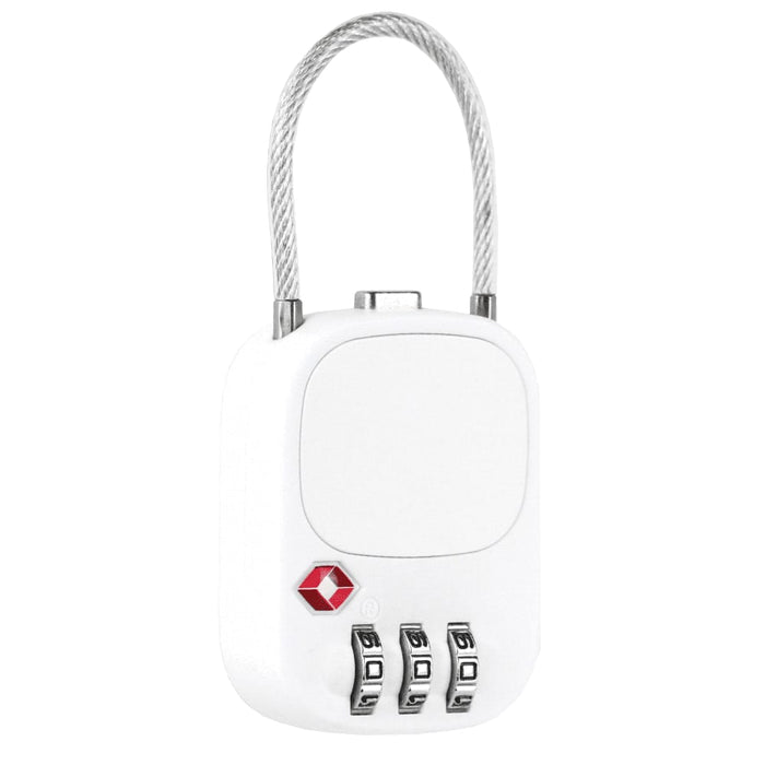 Atlas TSA Lock - A white TSA lock with a flexible metal shackle and a combination dial, featuring a small logo.