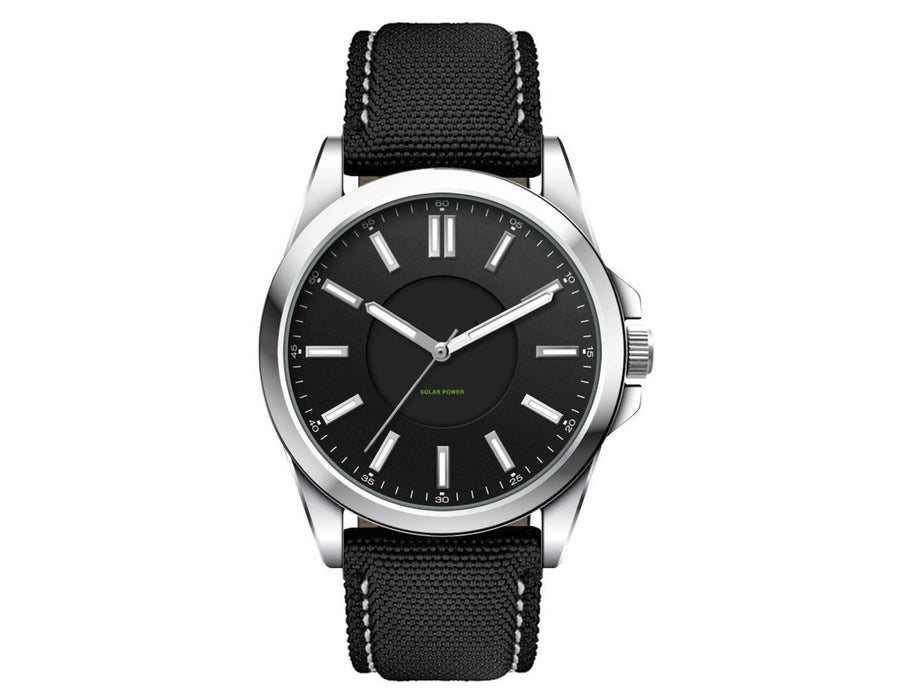Solar Unisex Watch, rPET Strap - A black unisex watch with a sleek design, featuring a rPET strap and silver accents. It has a logo on the dial.