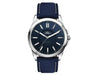 Solar Unisex Watch, rPET Strap - A solar-powered unisex watch with a navy rPET strap and a silver case, featuring a minimalist dark face and branding.