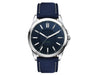 Solar Unisex Watch, rPET Strap - A unisex solar watch featuring a navy blue face and rPET strap, with a silver stainless steel case and a logo.