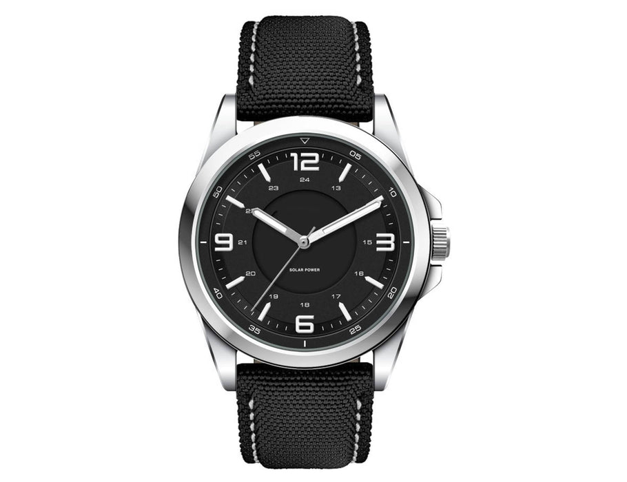 Solar Unisex Watch, rPET Strap - A black unisex watch with a rPET strap and silver-tone casing featuring a minimalist black dial.