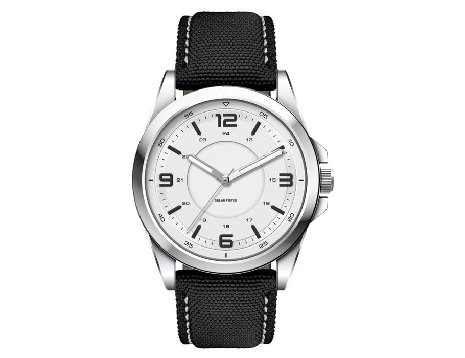 Solar Unisex Watch, rPET Strap - A silver watch with a white face and black rPET strap, featuring bold numeric hour markers and a logo.