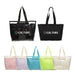 Tote Bag With Detachable PVC Cover - A black and a black tote bag with a detachable PVC cover, alongside tote bags in pink, lavender, blue, green, and clear.