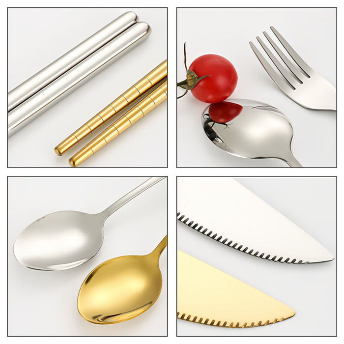 Travel Cutlery Set 4pcs - A stainless steel fork, spoon, and chopsticks in silver and gold, accompanied by a red tomato on a white background.
