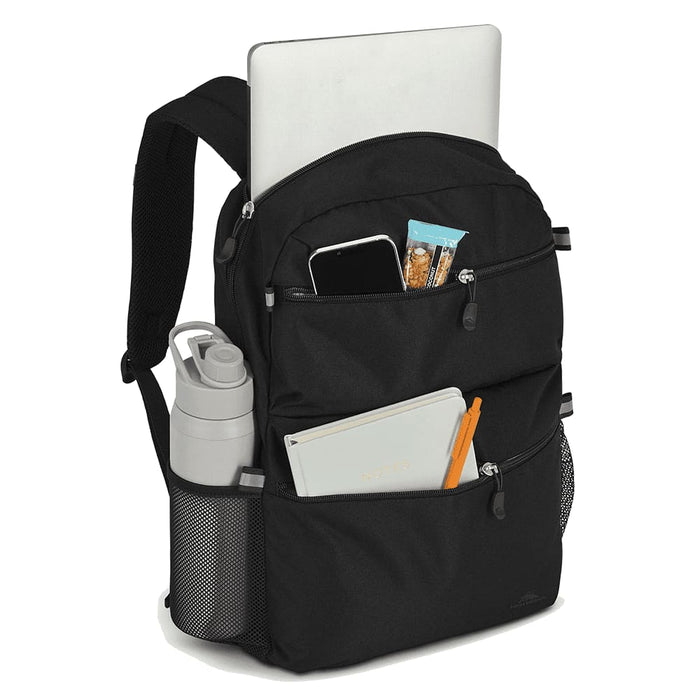 High Sierra Everclass Backpack 24L - A black backpack with multiple pockets, featuring a laptop compartment, a drink bottle, and stationery.