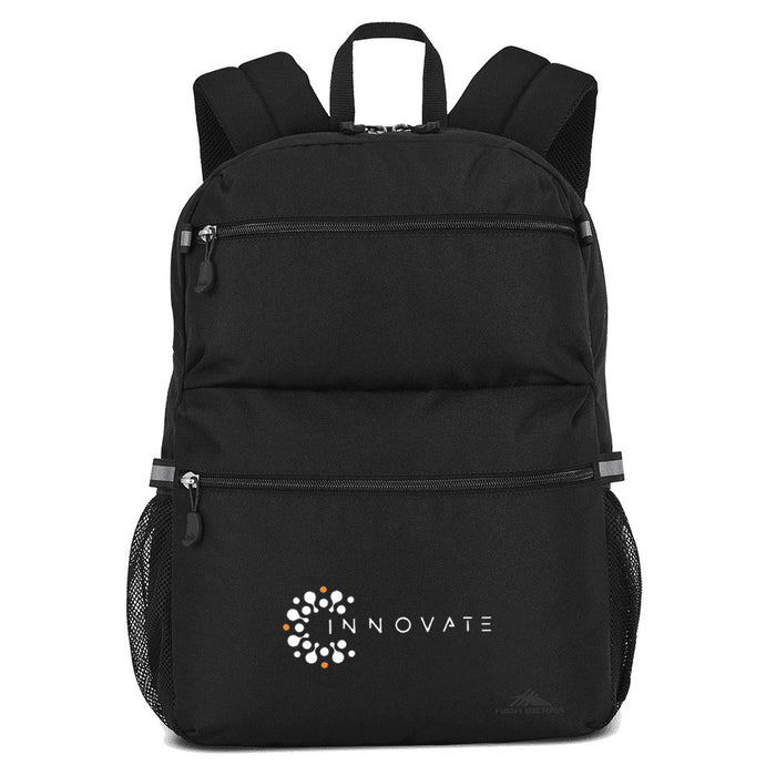 High Sierra Everclass Backpack 24L - A black backpack with multiple compartments and side mesh pockets, featuring a logo on the front.