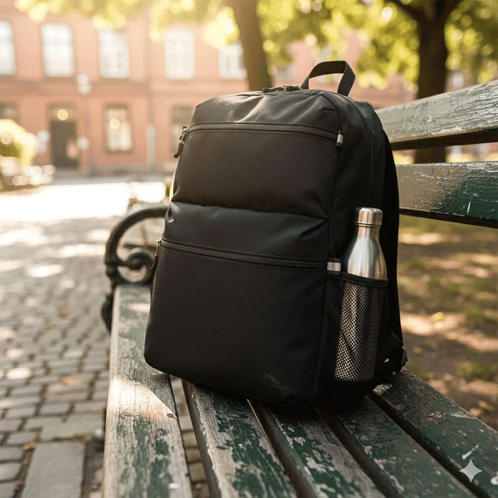High Sierra Everclass Backpack 24L - A black backpack sits on a bench, featuring a side pocket with a silver drink bottle.