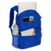 High Sierra Everclass Backpack 24L - A blue backpack features multiple pockets, a drink bottle, a laptop, and stationery, with a logo on the front.