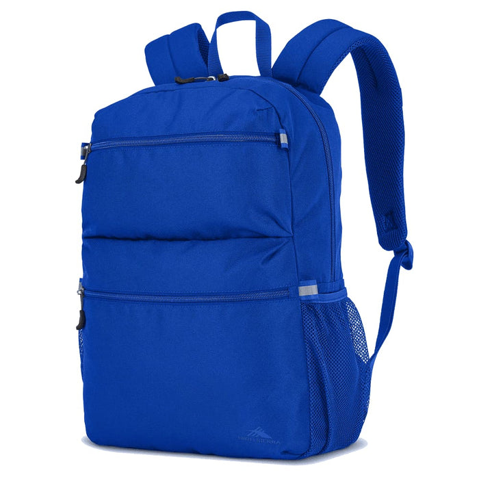 High Sierra Everclass Backpack 24L - A blue backpack featuring multiple zippered compartments and mesh side pockets, with padded shoulder straps.
