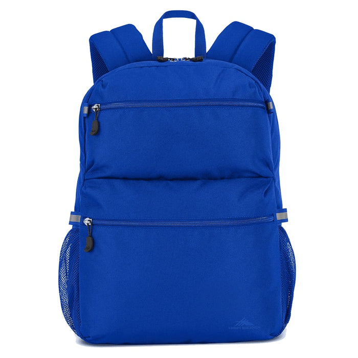 High Sierra Everclass Backpack 24L - A blue backpack with multiple zippered compartments and mesh side pockets. Features padded shoulder straps and a logo.