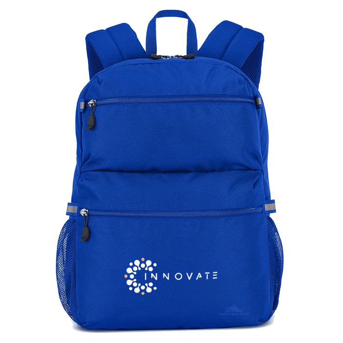 High Sierra Everclass Backpack 24L - A blue High Sierra Everclass Backpack with multiple compartments and a mesh side pocket features a logo on the front.