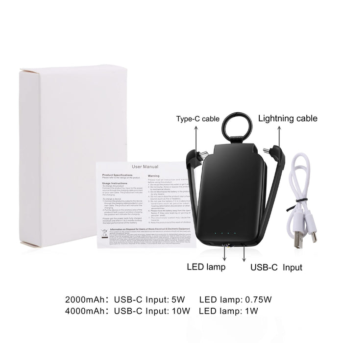 Mini Power Bank with Flashlight - A black mini power bank with a built-in flashlight, Type-C cable, Lightning cable, and a user manual beside a white box.