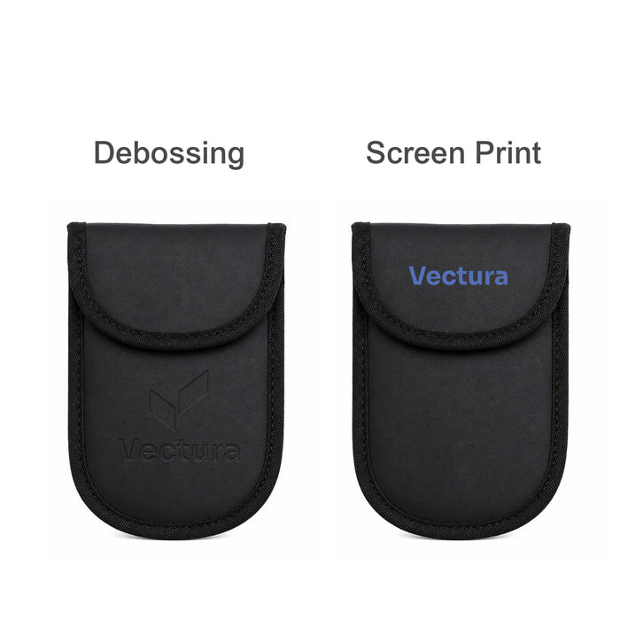 PU Faraday Signal Blocking Pouch - A black PU Faraday signal blocking pouch with debossed and screen-printed branding options.