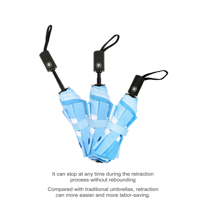 21'' Anti-rebound Folding Umbrella - A blue anti-rebound folding umbrella with a compact design and a logo displayed.