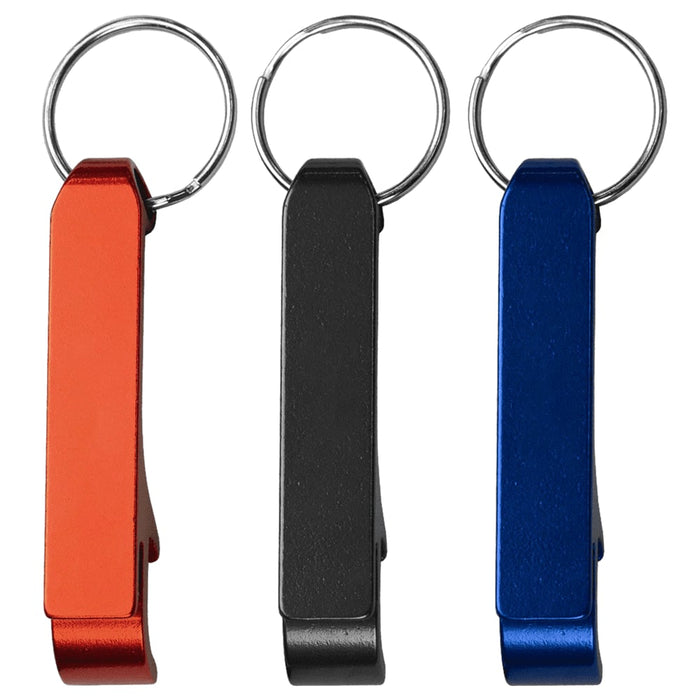 Aluminium Bottle / Can Opener - A drink bottle opener featuring three colours: red, black, and blue, each with a keyring attachment.