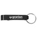 Aluminium Bottle / Can Opener - A black aluminium bottle and can opener, featuring a keyring attachment and a logo.