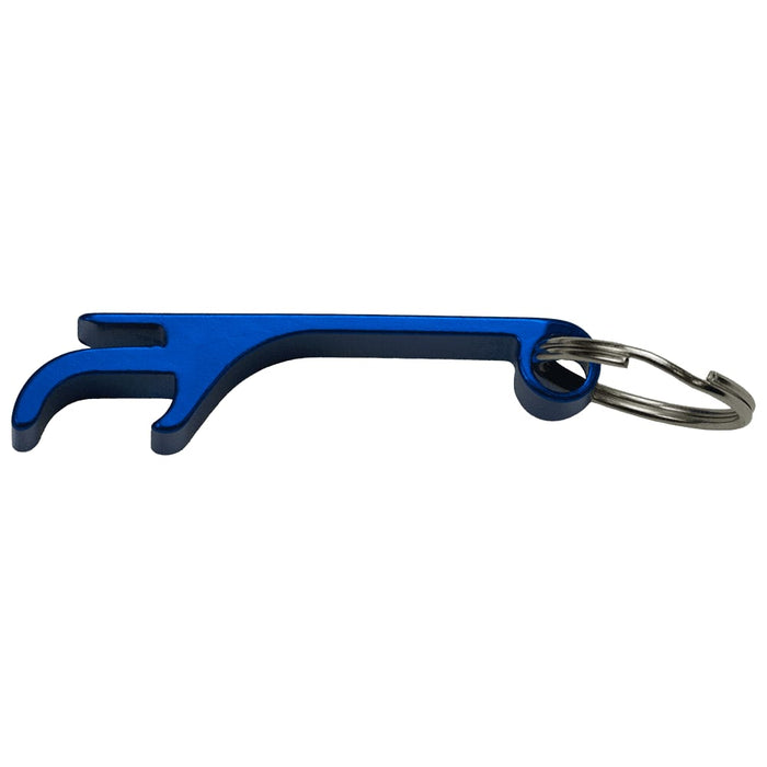 Aluminium Bottle / Can Opener - A blue aluminium bottle and can opener with a keyring attached.