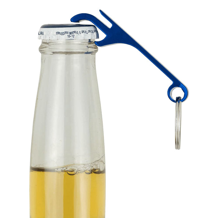 Aluminium Bottle / Can Opener - A drink bottle with a blue aluminium bottle and can opener attached. The opener has a keyring for easy carrying.