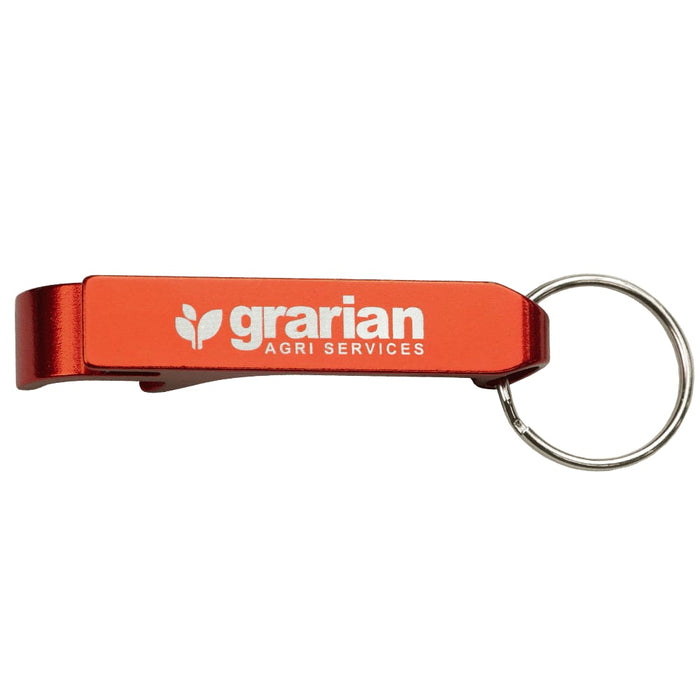 Aluminium Bottle / Can Opener - An aluminium bottle can opener in vibrant red, featuring a keyring attachment and a logo.